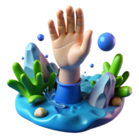 3D Cartoon Hand Reaching Up from Water, Blue Abstract Background Illustration png