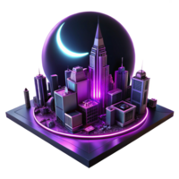 Neon City Nightscape with a Crescent Moon in a Futuristic Three Dimensional Scene of Urban Design png