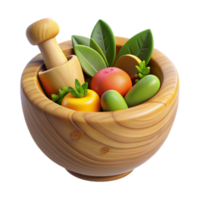 Vibrant 3D Render of Wooden Mortar and Pestle with Colorful Fruits and Herbs png