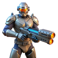 Future Soldier Advanced Combat Gear A dynamic 3D render of a future soldier in advanced combat gear, blending advanced technology with intense action. png