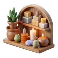 Serene 3D Render of Wooden Shelf with Candles, Plants, and Aromatherapy Items png