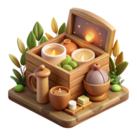Scenic 3D Render of Wooden Box with Candles, Herbs, and Aromatherapy Items png