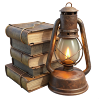Rustic 3D Render of Antique Lantern and Stack of Books png