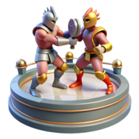 Warriors Dueling on Circular Stage A dynamic 3D render of warriors dueling on a circular stage, capturing the essence of intense action and historical warfare. png