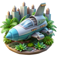 Spaceship Landing in Tropical City A futuristic 3D render of a spaceship landing in a vibrant tropical city, merging advanced technology with lush landscapes. png
