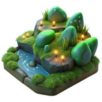 Enchanted 3D Render of a Mystical Landscape with Glowing Stones and Lush Greenery png