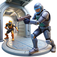 Futuristic Soldiers in Space Station A dynamic 3D render of futuristic soldiers in a space station, blending advanced technology with intense action. png