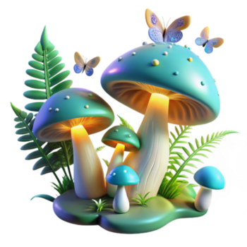 encantado 3d cogumelo fantasia ilustração brilhando fungos com borboletas png
