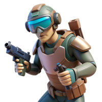 Futuristic Soldier Action Game A dynamic 3D render of a futuristic soldier in an action game, capturing the essence of intense action and advanced technology. png