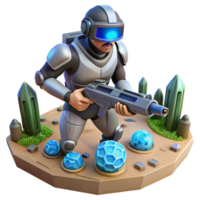 Futuristic Soldier in Crystal Realm A dynamic depiction of a soldier navigating a world of crystal realms, ready for battle in a digital world. png