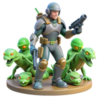 Space Trooper Alien Creatures A dynamic 3D render of a space trooper and alien creatures, capturing the essence of space adventure and intense action. png