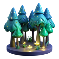 Enchanted 3D Forest Illustration Night Scene Glowing Flowers Cartoon Trees png