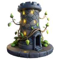 Enchanted Stone Tower 3D Render, Fantasy Game Asset, Magical Architecture, Ivy Covered Tower, Glowing Lights, Mysterious Building, Stonework Detail, Whimsical Design, Game Element png