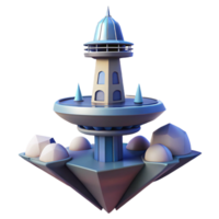 Futuristic Tower on Floating Island - A dynamic depiction of a futuristic tower situated on a floating island blending advanced technology with natural elements png