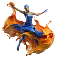Dynamic 3D Render of a Dancer in a Blue Dress Emerging from Orange Paint Splash png