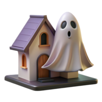 Spooky House with Ghost 3D Model A haunted house brought to life in a three-dimensional model, complete with a ghostly presence. png