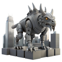 Mech Dragon City Rampage A dynamic 3D render of a mech dragon rampaging through a city, blending fantasy with advanced technology. png