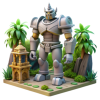 Giant Robot in Tropical Garden - A dynamic depiction of a giant robot in a tropical garden blending advanced technology with natural elements png