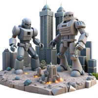 Giant Robots Battle Cityscape Diorama - A dynamic depiction of a battle between giant robots in a cityscape diorama capturing the essence of advanced technology and intense action png