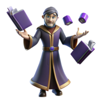 Wizard Juggling Books A magical 3D render of a wizard juggling books, showcasing their mystical abilities and playful nature. png