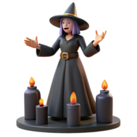 3D Witch with Candles Halloween Magic A whimsical scene of a witch surrounded by glowing candles, casting spells in a Halloween setting. png