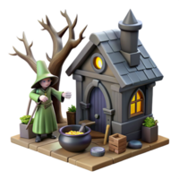 Witch's Cottage 3D Render A whimsical 3D render of a witch's cottage, capturing its magical atmosphere and enchanting design. png