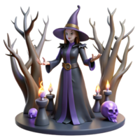 Witchcraft 3D Render Halloween Scene A magical scene of witchcraft navigating a world of Halloween, captured in a stunning three-dimensional render. png