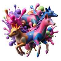 Vibrant 3D Render of Colorful Deer and Wolf in Paint Splash png