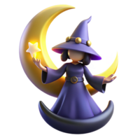 Witch on Crescent Moon with Star A mystical 3D render of a witch on a crescent moon with a star, capturing her enchanting presence and magical elements. png