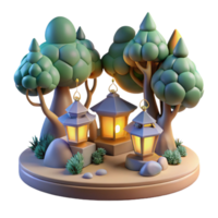 Luminous Lanterns in a 3D Forest A magical scene of glowing lanterns casting a warm light amidst a three-dimensional forest. png
