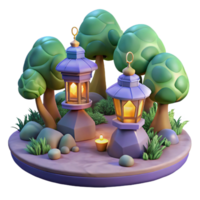 Three Dimensional Render of Illuminated Lanterns in a Peaceful Grove png
