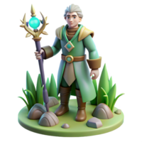 Sage with Staff in Fantasy Scene A magical scene of a sage navigating a world with a staff, capturing the essence of fantasy in a digital world. png