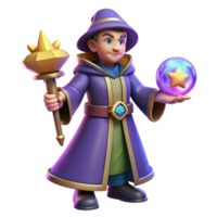 Wizard Magic Orb Staff Fantasy Game 3D Illustration Cute Character - A whimsical 3D illustration of a wizard with a magic orb and staff capturing their enchanting presence and magical abilities png