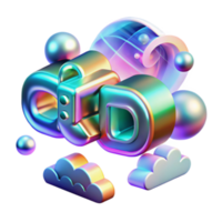 3D Render of iridescent letters CD with Clouds and Spheres Abstract Background png