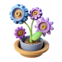 Gear Flowers in Pot 3D Render - A whimsical 3D render of flowers crafted from gears in a pot capturing their playful and enchanting presence png