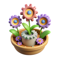 Gear Flowers in Pot 3D Render A whimsical 3D depiction of gear flowers in a pot, blending mechanical design with natural elements. png