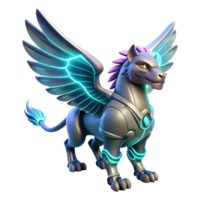 Cybernetic Griffin Fantasy Creature A mythical griffin crafted as a cybernetic design, its wings glowing with vibrant colors in a digital world. png