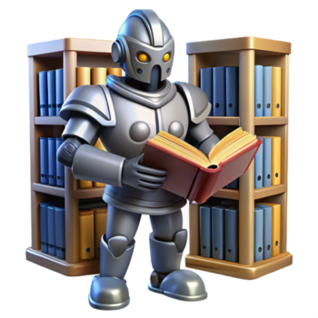 robot lettura libro nel biblioteca un' capriccioso 3d rendere di un' robot lettura un' libro nel un' biblioteca, mescolanza tecnologia con un' amore per letteratura. png