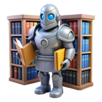 Robot Librarian with Bookshelves A dynamic depiction of a librarian crafted as a robot, navigating a world of bookshelves in a digital world. png