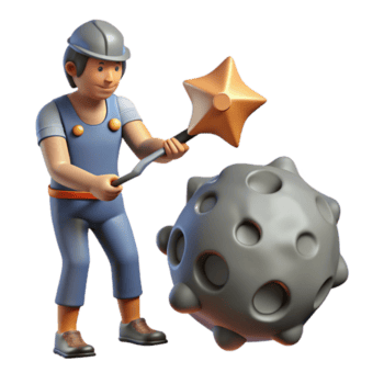 Worker Crushing Asteroid A dynamic 3D render of a worker crushing an asteroid, capturing the essence of space mining and futuristic labor. png