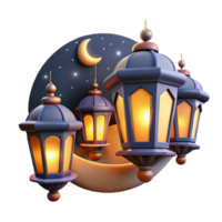 Glowing Lanterns with a Crescent Moon in a Mesmerizing Three Dimensional Scene of Enchantment png