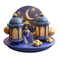 Night Scene with Lanterns and a Crescent Moon in a Mesmerizing Three Dimensional Scene of Enchantment png