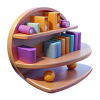 Pastel Shelf with Books Objects A vibrant 3D render of a pastel shelf with books and objects, capturing the essence of knowledge and creativity. png