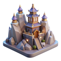 Mountaintop Pagoda 3D Render A serene depiction of a pagoda navigating a world of mountaintops, captured in a stunning three-dimensional render. png