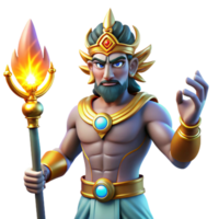 Mythical King with Flaming Staff A majestic 3D render of a mythical king with a flaming staff, capturing his regal presence and intense power. png