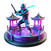 Neon Warrior 3D Render A vibrant depiction of a warrior glowing with neon colors, navigating the digital battlefield in a stunning render. png