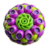 Vibrant 3D Render of Abstract Spherical Structure with Green and Purple Organic Forms png