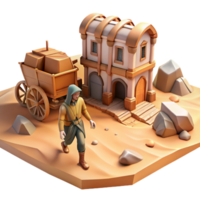 Desert Wanderer and Merchant's House A dynamic depiction of a wanderer navigating a desert, capturing the essence of adventure in a digital world. png