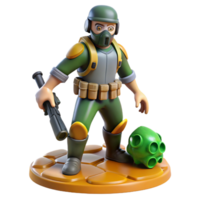 3D Cartoon Soldier with Grenade A dynamic depiction of a soldier navigating a world of grenades, captured in a whimsical three-dimensional render. png