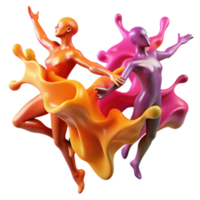 Abstract 3D Render of Dancing Figures in Vibrant Paint Splashes png